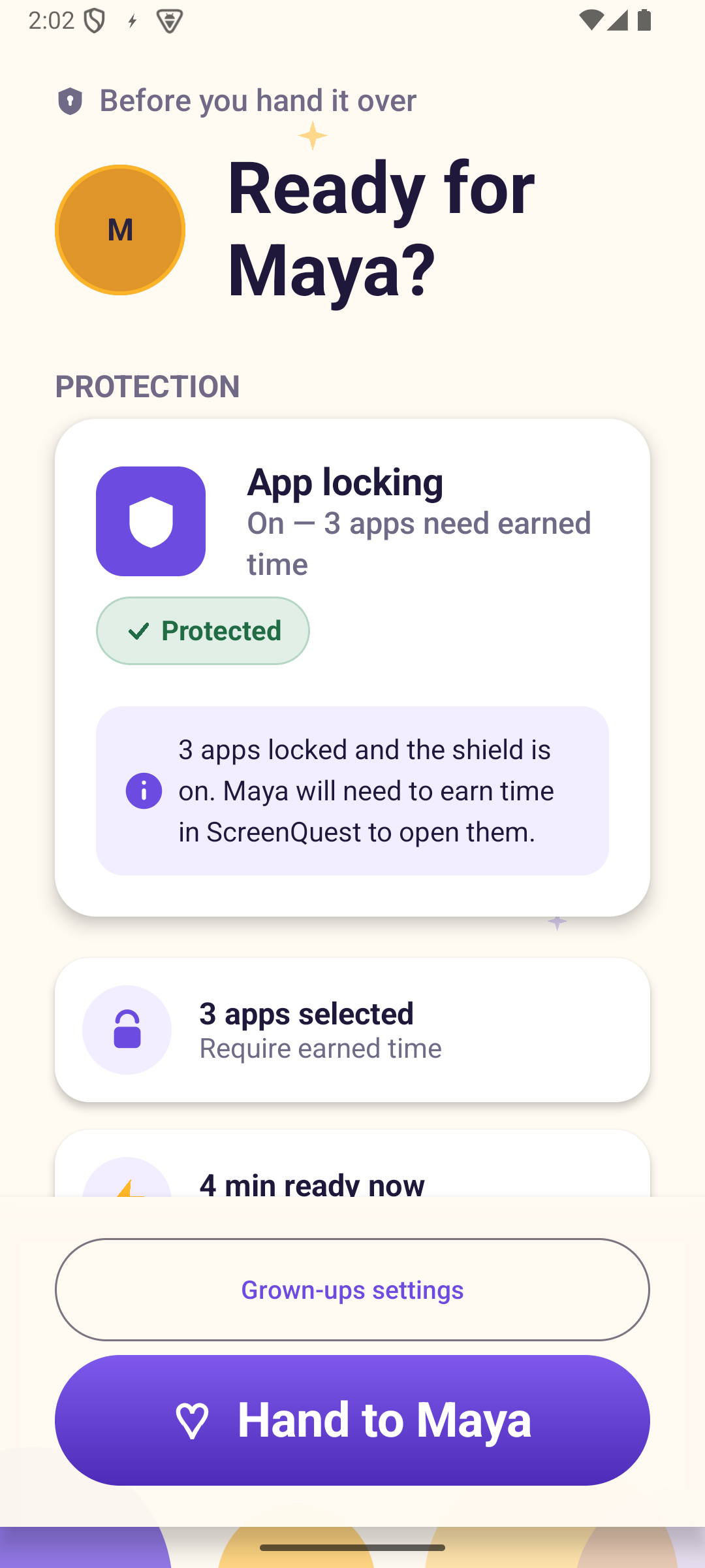 Parent handoff screen showing App Protection status and a large Hand to Maya button